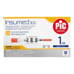 SIRINGA PER INSULINA PIC INSUMED 0,5 ML 100 UI AGO GAUGE 30LUNGHEZZA 8 MM SENZA SPAZIO MORTO 3 SACCHETTI DA 10 PEZZI